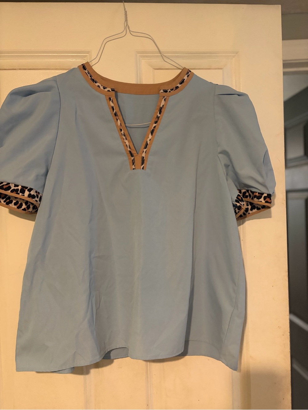 Light Blue Puff Sleeve Blouse with Leopard-Trim V Notch